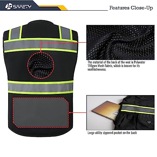 JKSafety Hi-Vis Unisex Surveyor Safety Vest Heavy Duty PPE Inner Pockets ANSI/ISEA Compliant - color: 188-black, size: XX-Large