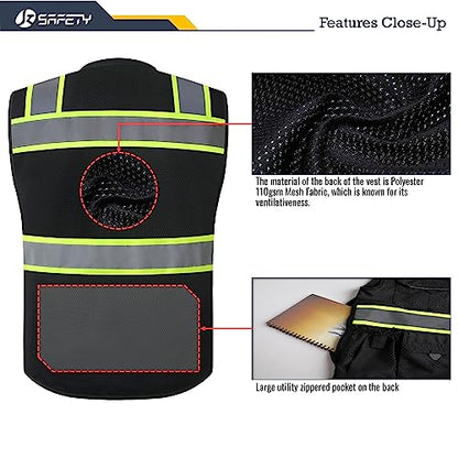 JKSafety Hi-Vis Unisex Surveyor Safety Vest Heavy Duty PPE Inner Pockets ANSI/ISEA Compliant - color: 188-black, size: XX-Large