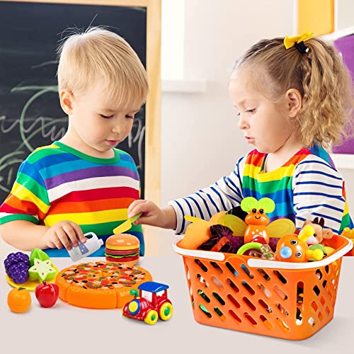 NUOBESTY 2 Pack Pretend Play Shopping Baskets - Kids Grocery Toy Basket with Handles for Imaginative Play, Toy Kitchen & Supermarket Role
