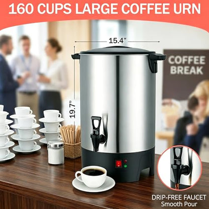 Large Commercial Coffee Urn 160 Cup Percolate Coffee Maker Stainless Steel Hot Beverage Dispenser with Cool-Touch Handles, Quick Brewing for Catering, Business, Church, Restaurant, Wedding, Gathering