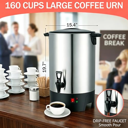 Large Commercial Coffee Urn 160 Cup Percolate Coffee Maker Stainless Steel Hot Beverage Dispenser with Cool-Touch Handles, Quick Brewing for Catering, Business, Church, Restaurant, Wedding, Gathering