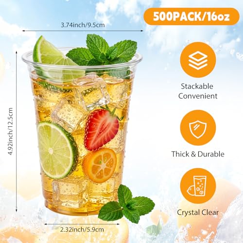 Jingmore 500pack 16oz Clear PET Plastic Cups Bulk, Sturdy Disposable Cold Drink Cups, Clear Reusable Party Drinking Tumblers with Reinforced Rim for Iced Coffee, Picnics, BBQ, Beverage, Commercial - size: 16oz