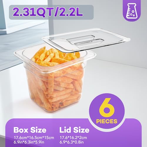 VOISEN 6 Pack Plastic Food Pan with Lids 1/6 Size 6 Inch Deep - color: 6 Pack 1/6 6"Deep