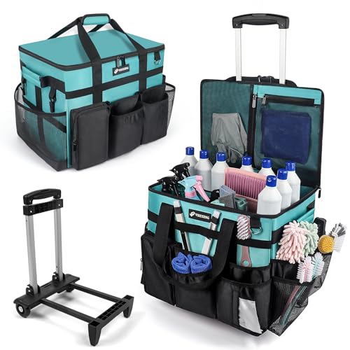 Rolling Cleaning Caddy Bag with Wheels, Large Cleaning Cart Detachable Trolley, Cleaning Bags for Housekeepers With Shoulder Strap & Multi Pockets for Cleaning Tools Storage (Amber Green)