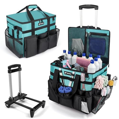 Rolling Cleaning Caddy Bag with Wheels, Large Cleaning Cart Detachable Trolley, Cleaning Bags for Housekeepers With Shoulder Strap & Multi Pockets for Cleaning Tools Storage (Amber Green)