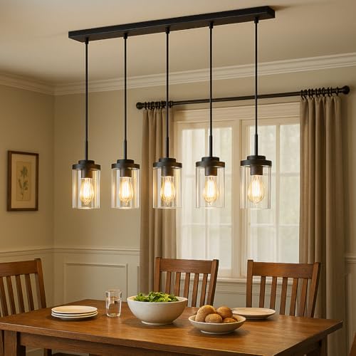 MELUCEE Kitchen Island Lighting 5 Lights Linear Chandeliers for Dining Room - color: Black, size: 5 Lights-1 Pack Linear