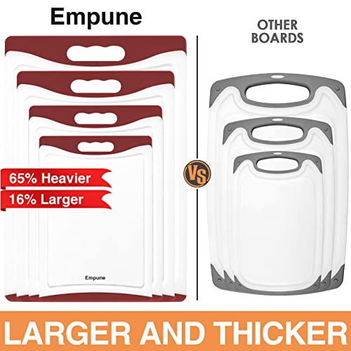 Empune BPA-Free Plastic Cutting Board for Kitchen with Juice Grooves, Extra Large Dishwasher Safe Cutting Boards Set of 4 with Handles, Thick Non-Slip Chopping Board for Meat, Fruit and Chicken, Red - color: Red