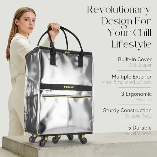 PASMAN Reusable Foldable Rolling Grocery Bag on 5 Wheels,Medium,Black - color: Black, size: Medium