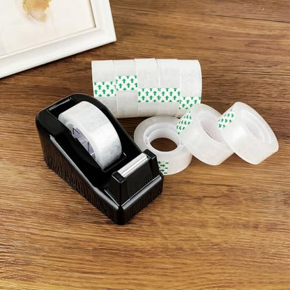 Desktop Tape Dispenser with 15 Rolls Transparent Tape, Black Desk Tape Dispenser for Home Office School, Tape and Dispenser Set for Light Duty Packaging Arts Crafts Note Repair Everyday Use