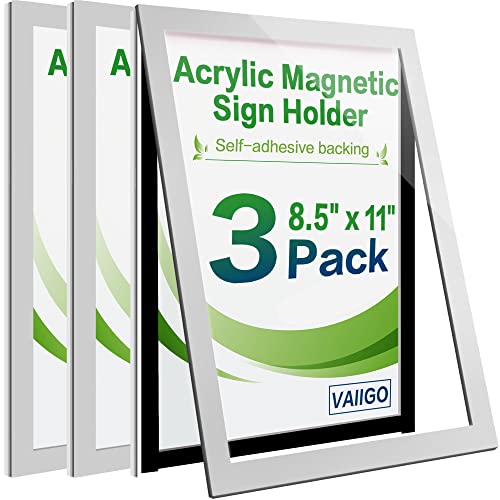 Acrylic Sign Holder 8.5" x 11" Wall Mount, Self Adhesive Magnetic Display Frame with Nano Tape, Plastic Clear Document Frame for Office, Store, School, Home, Wall Picture Frame (Silver, 3Pack) - color: Silver, size: 3 Pack 8.5" x 11"
