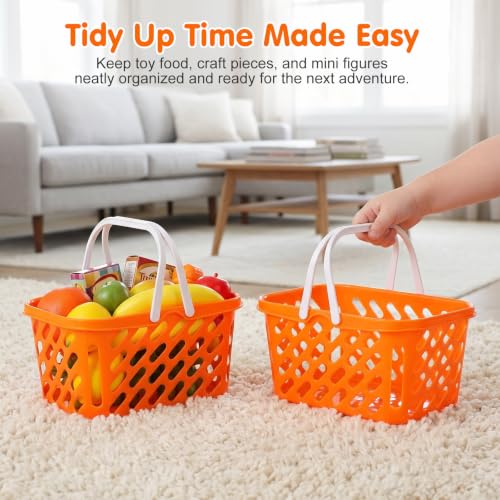 NUOBESTY Pretend Play Toy Shopping Basket 2 Pack - Orange Plastic Grocery Baskets with Handles for Toddlers, Mini Market Kitchen Accessories & Play Food Storage