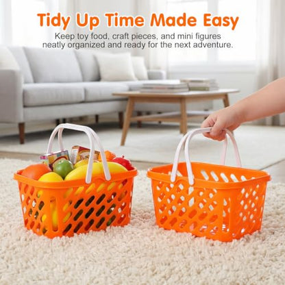 NUOBESTY Pretend Play Toy Shopping Basket 2 Pack - Orange Plastic Grocery Baskets with Handles for Toddlers, Mini Market Kitchen Accessories & Play Food Storage