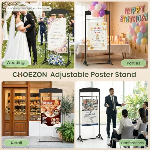 CHOEZON Wedding Welcome Sign Stand, Adjustable Wedding Sign Holder with 4 Leather Straps, 68"x31" Floorstanding Metal Poster Stand with Tripod Base, Display Stand for Wedding, Party, Black TCJ23BB