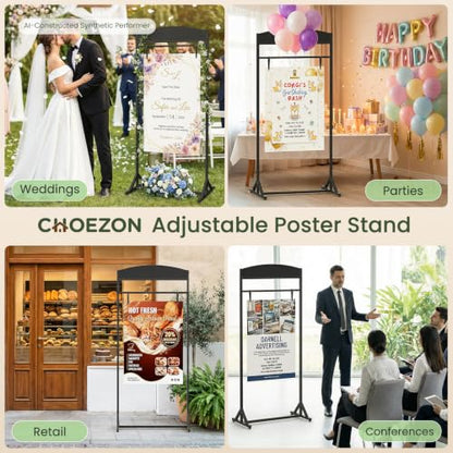 CHOEZON Wedding Welcome Sign Stand, Adjustable Wedding Sign Holder with 4 Leather Straps, 68"x31" Floorstanding Metal Poster Stand with Tripod Base, Display Stand for Wedding, Party, Black TCJ23BB