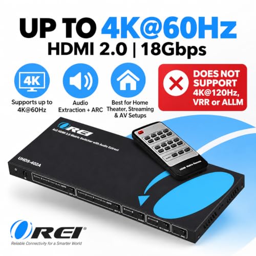 OREI 4x2 HDMI Matrix Switch 4K with Audio Extraction, ARC, EDID, Downscale