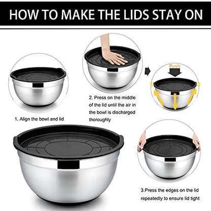 P&P CHEF Stainless Steel Mixing Bowls With Lids, Set of 6, Black - color: Black