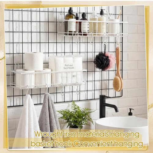 White 4 Pack Wire Baskets, Grid Wall Hanging Baskets, 16 S Hooks - color: White