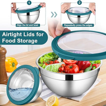 LIANYU 6 PCS Stainless Steel Mixing Bowls with Visible Lid for Food Storage - color: Dark Blue, style: Atlas Base with Visible Lids