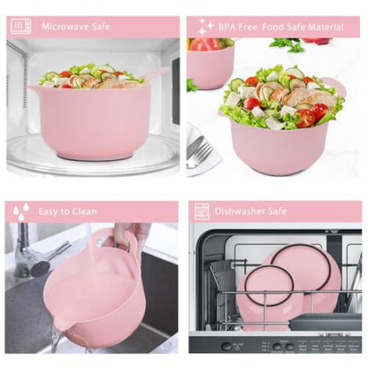 BoxedHome 4 Pack Nesting Mixing Bowl with Pour Spout and Handle, BPA free Microwave & Dishwasher Safe(Pink, 4 Pack with Handle) - color: Pink
