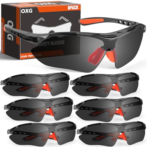 OXG Safety Glasses Bulk for Men Women, ANSI Z87 Safety Glasses UV Protection Protective Eyewear for Construction Woodworking - color: 6p-grey