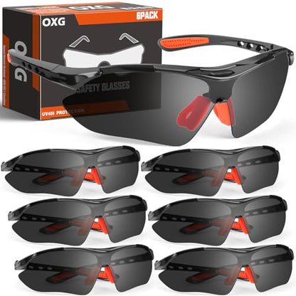 OXG Safety Glasses Bulk for Men Women, ANSI Z87 Safety Glasses UV Protection Protective Eyewear for Construction Woodworking - color: 6p-grey