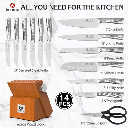 imarku 14 Piece Stainless Steel Knife Set with Build-in Sharpener - color: Brown
