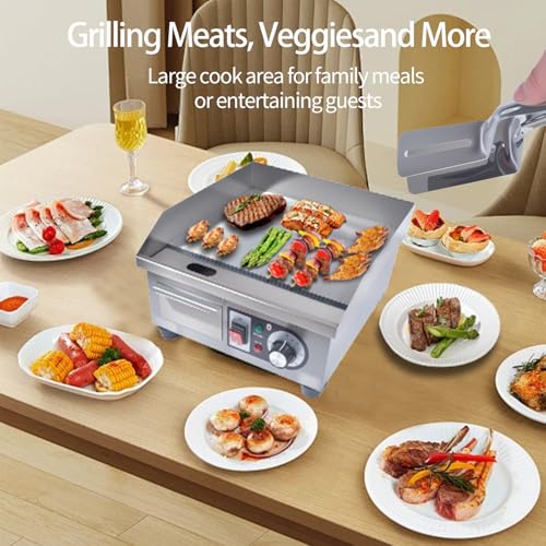 Commercial Electric Griddle, 1500W Countertop Flat Top Grill, 14.2in Stainless Steel Griddle Grill with 2 Shovels and 2 Brushes for Home or Restaurant, 122℉-572 ℉ Adjustable Temp