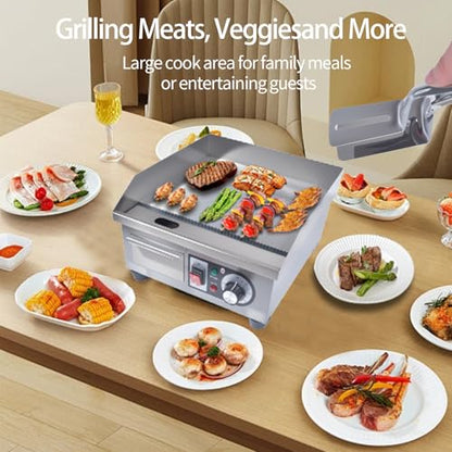 Commercial Electric Griddle, 1500W Countertop Flat Top Grill, 14.2in Stainless Steel Griddle Grill with 2 Shovels and 2 Brushes for Home or Restaurant, 122℉-572 ℉ Adjustable Temp