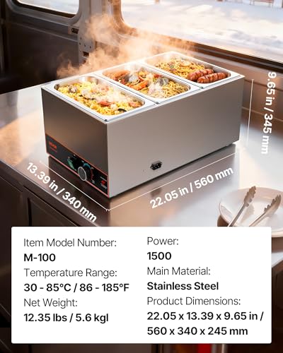 VEVOR Commercial Food Warmer, 1500W Electric Stainless Steel Steam Food Warmer, Fast Heating Countertop Buffet Bain Marie with Power Cord & Divider Strip, for Catering, Restaurants, Parties, Buffets - size: 22.05 x 13.39 x 9.65 in