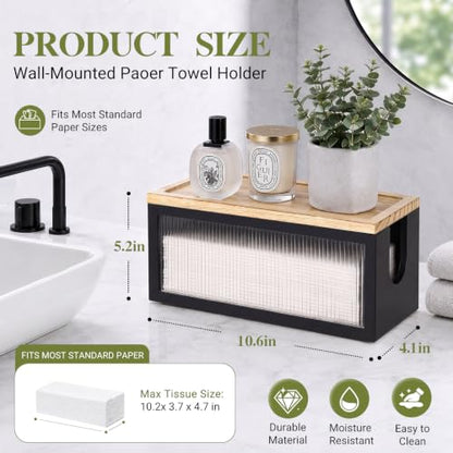 Wooden Paper Towel Holder with Lid & Acrylic Window Wall Mounted - color: Black Acrylic