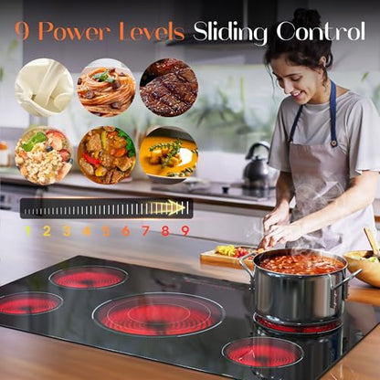 36 Inch Electric Cooktop, 5 Burner Electric Cooktop Bulit in, 9200W, 9 Power Levels, Electrics Stove with Timer, Safety Lock, Pause, 220V-240V Hard Wire - size: 36 Inch 5 burner D59254