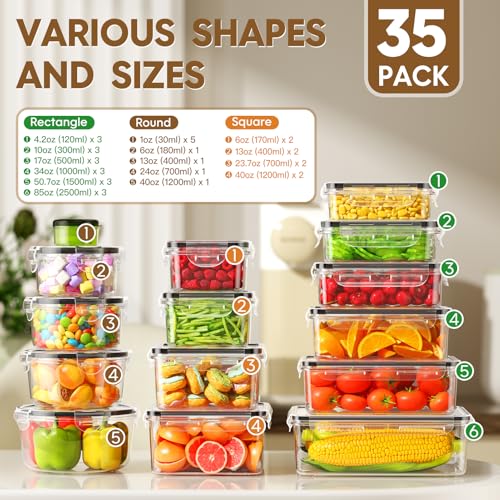 KEMETHY 70 PCS Food Storage Containers with Lids Airtight, Total 856oz, BPA-free, Food-grade, Eco-friendly Material, Leak Proof Plastic Containers, Microwave/Dishwasher Safe - color: 70 PCS