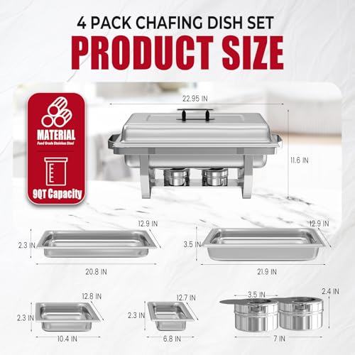 IMACONE 4 Pack Chafing Dish Buffet Set, 8QT Stainless Steel Rectangular Chafers and Buffet Warmer Sets 7 Pans Rolled-Edge Design for Catering Event Party Holiday - color: Silver, size: 4-Pack Combo