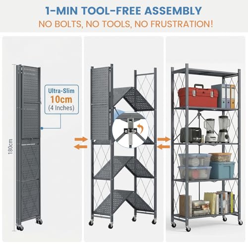 ALANNG 70.7" H Metal Storage Shelves, 5 Tier Folding Storage Shelves on Wheels - color: Grey