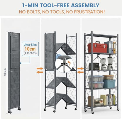 ALANNG 70.7" H Metal Storage Shelves, 5 Tier Folding Storage Shelves on Wheels - color: Grey