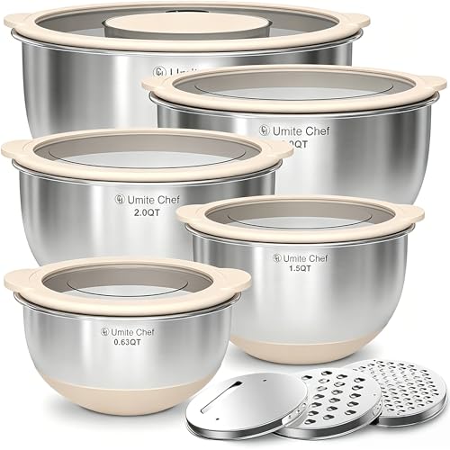 Mixing Bowles Set with Lids Set - Warp-Proof TPR-AS Lids, Stainless Steel Mixing Bowl with 3 Graters & Measuring Lines, Non-Slip Bowls for Baking, Prep, Airtight Food Storage (Khaki 5/3/2/1.5/0.63QT) - color: Khaki