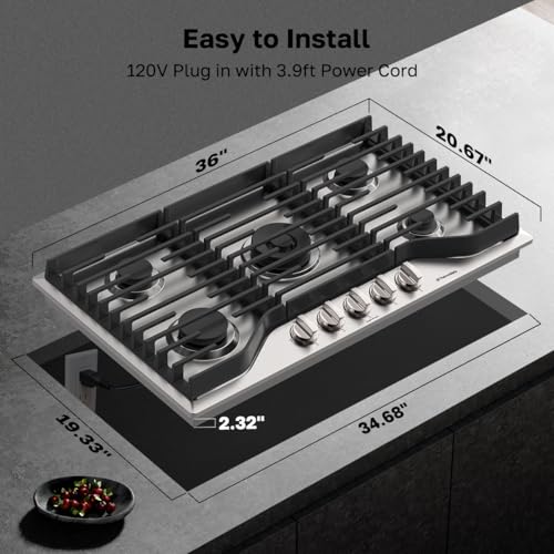 ThermoMate Heavy 36 Inch Gas Cooktop with 5 Italy Sabaf Power Burners, Built In Stove Top of 304 Stainless Steel, Gas Hob NG/LPG Convertible, Cooker with Thermocouple Protection CSA Certified - size: 36 inch 5 burners