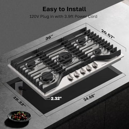 ThermoMate Heavy 36 Inch Gas Cooktop with 5 Italy Sabaf Power Burners, Built In Stove Top of 304 Stainless Steel, Gas Hob NG/LPG Convertible, Cooker with Thermocouple Protection CSA Certified - size: 36 inch 5 burners