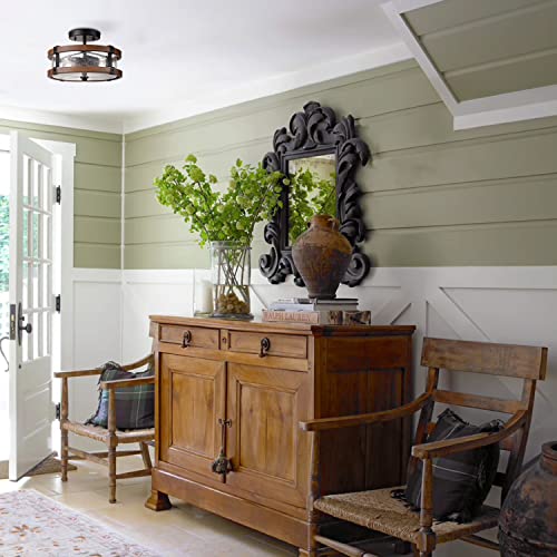 DEYNITE Farmhouse 2-Light Drum Ceiling Light Black and Amber, 11.52" W - size: 6.85" Height