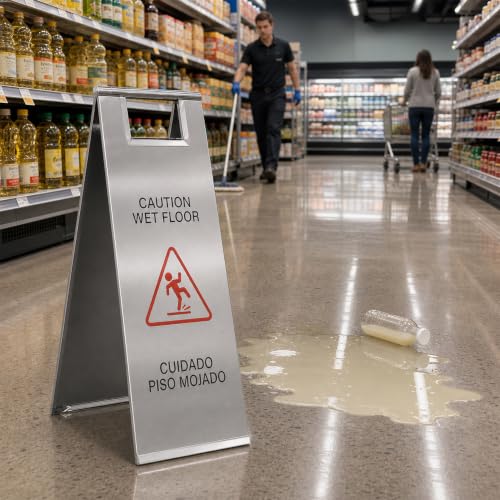 2 Pack Wet Floor Signs 24 Inch Stainless Steel Caution Sign Silver - color: Silver