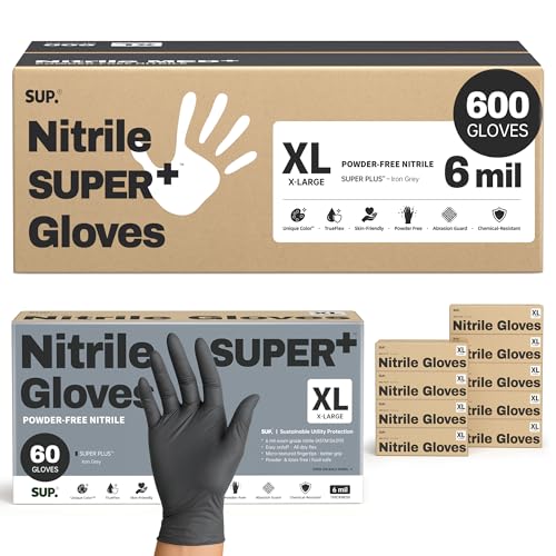 SUPER+ Black Nitrile Gloves HEAVY DUTY 6 Mil Disposable Chemical Resistant Powder & Latex Free Medical Food Safe, 60/600 Ct - color: X-large (Black 600)
