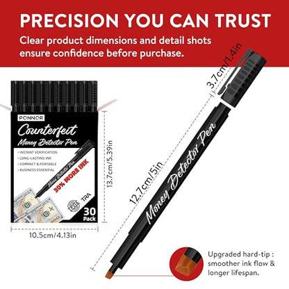 PONNOR Counterfeit Money Detector Pen (30 Pack) Bill Marker Universal False Currency Checker Cash Tester with 30% More Ink with Upgraded Chisel Tip for Personal & Commercial Use