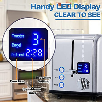 CUSIMAX 2 Slice Stainless Steel Toaster with Digital LED Display, Silver - color: Silver Stainless Steel, size: 2 Slice