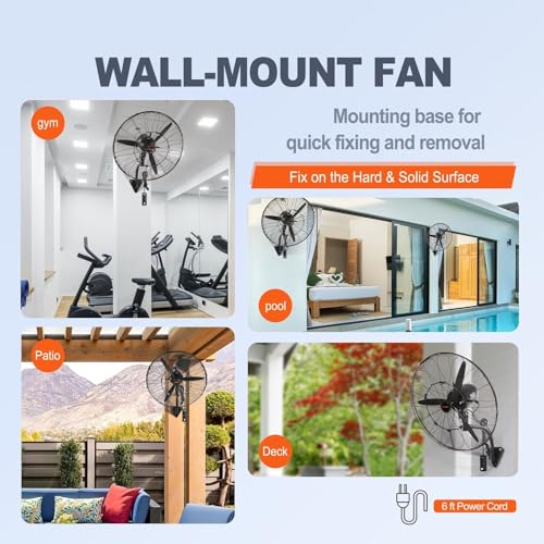 VEVOR 24 Inch 3-Speed 7000 CFM Black Waterproof Wall Mount Oscillating Fan - size: 24 Inch, style: Waterproof