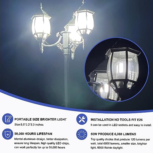 2 Pack 400W Equivalent Led Corn Light Bulb, 6000 Lumen 6000K Daylight 50W LED Corn Lamp, E26/E27 Medium Base for Indoor Garage Factory Warehouse Backyard