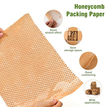 Honeycomb Packing Paper 12" X 200 FT Packing Material for Moving Glass Dishes Wrapping Paper Bubble Wrap for Shipping Fragile Items Shipping Filler with 20 Fragile Stickers - size: 12"x200'