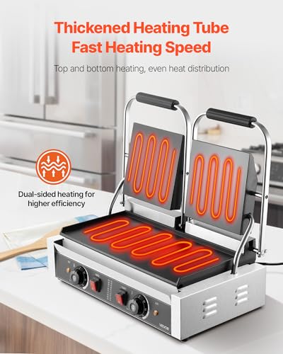 VEVOR Commercial Panini Grill, 3600W Electric Sandwich Panini Maker, Stainless Steel Double Sandwichs Press with Handle and Temp Control, 19x9 in Full Flat Enamel Plate, for Hamburger Steak Bacon