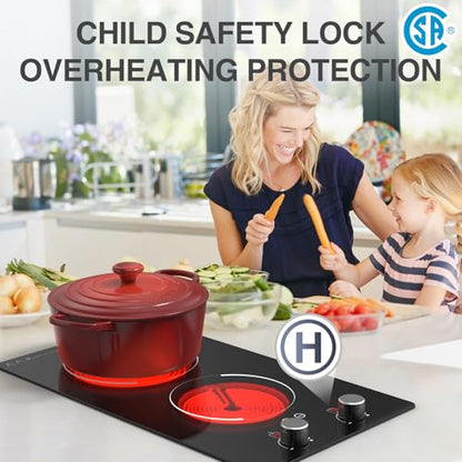 GIHETKUT Electric Cooktop,110V 2100W Electric Stove Top with Knob Control, 10 Power Levels, Kids Lock & Timer, Hot Surface Indicator, Overheat Protection,Built-in Radiant Double induction cooktop - size: 2 burner electric stove