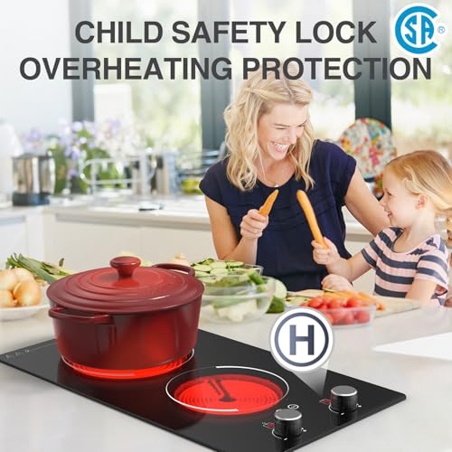 GIHETKUT Electric Cooktop,110V 2100W Electric Stove Top with Knob Control, 10 Power Levels, Kids Lock & Timer, Hot Surface Indicator, Overheat Protection,Built-in Radiant Double induction cooktop - size: 2 burner electric stove