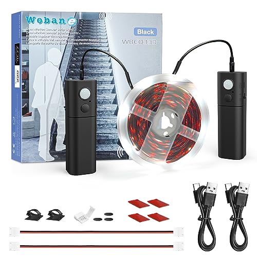WOBANE Dual Motion Sensor Light Strip, Rechargeable 16.4ft White LED Lights - color: White, size: 16.4ft Black